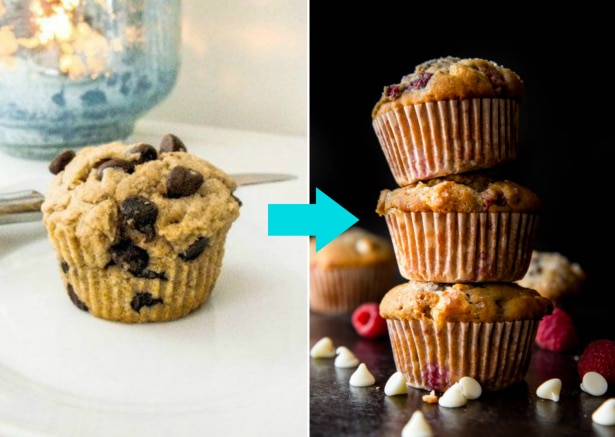 2 images of muffins on a plate and a stack of muffins