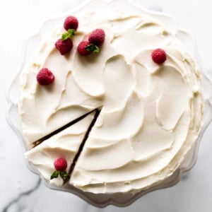 Top of a vanilla cake with raspberries