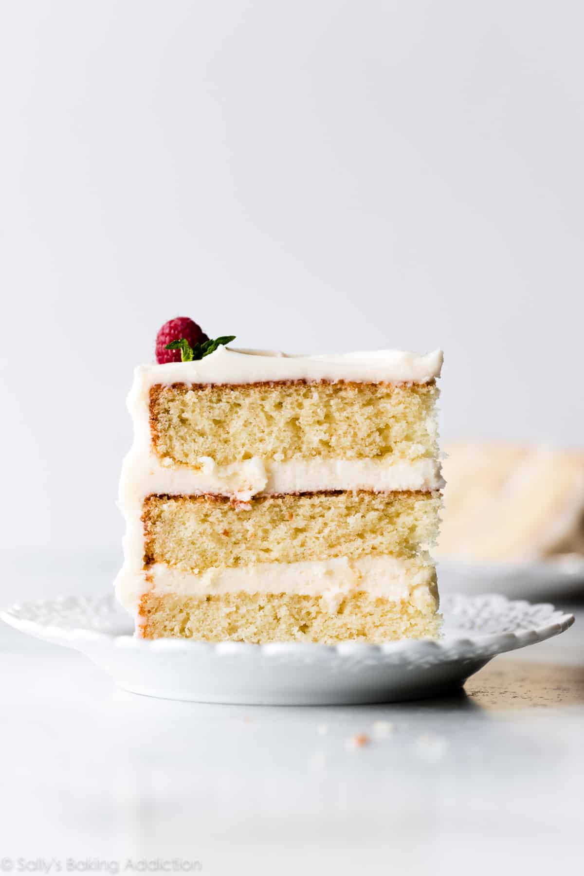 Vanilla cake slice on white plate