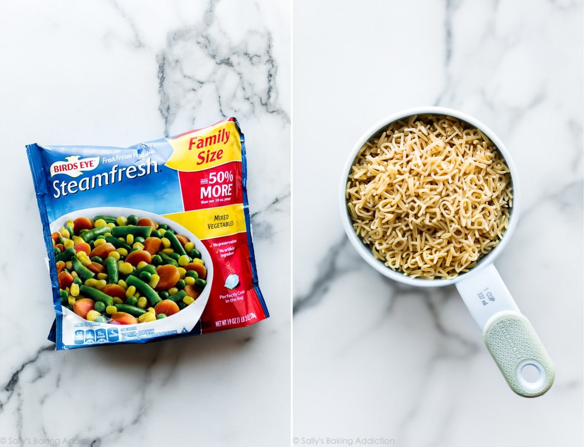 2 images of frozen vegetables and alphabet pasta