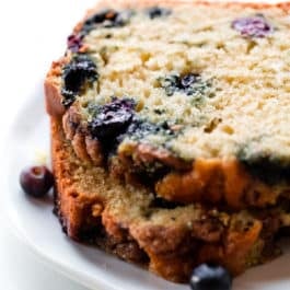 Blueberry muffin bread slices on a white plate