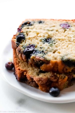 Blueberry muffin bread slices on a white plate