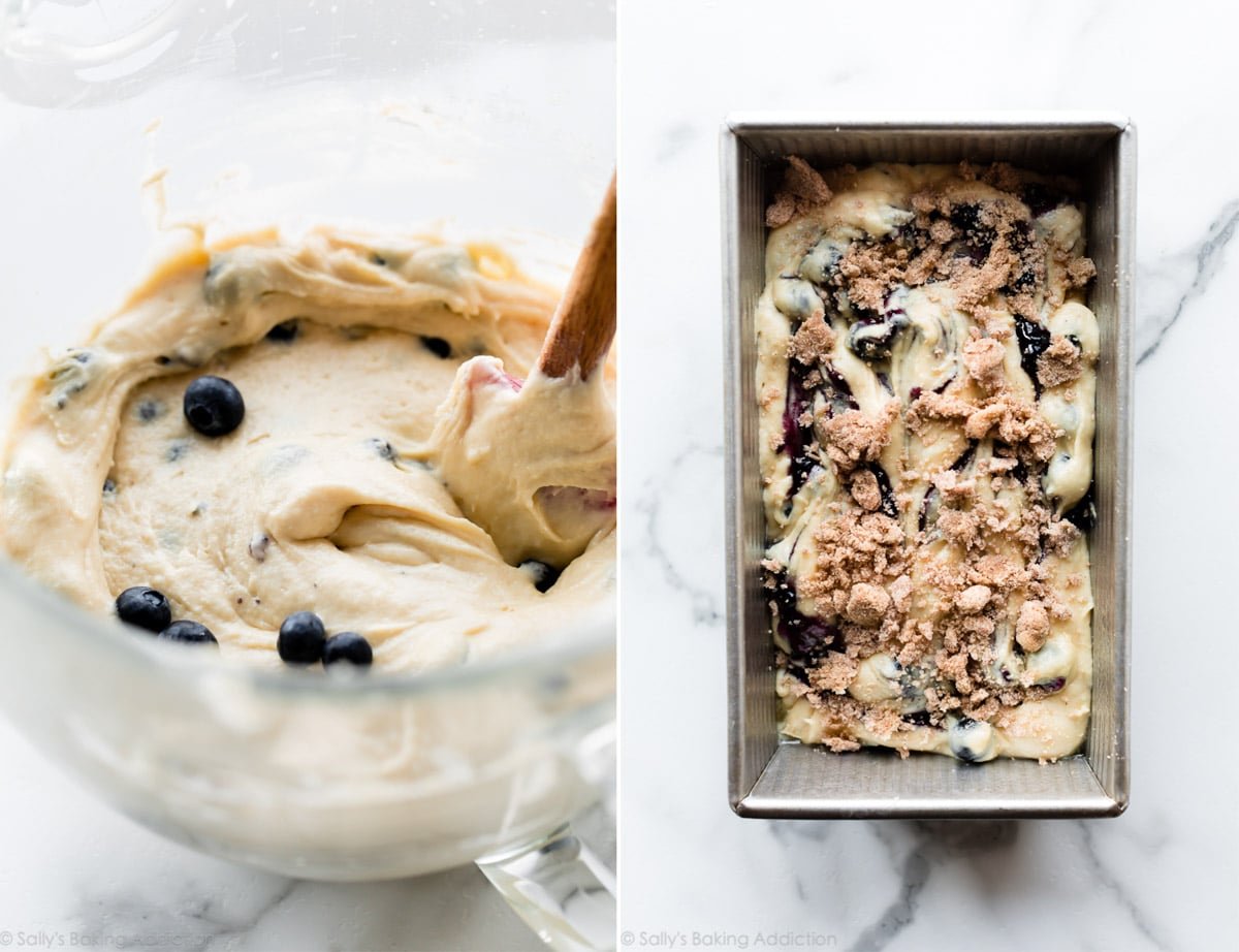 2 images of blueberry muffin batter in a glass bowl and batter in a loaf pan with crumb topping