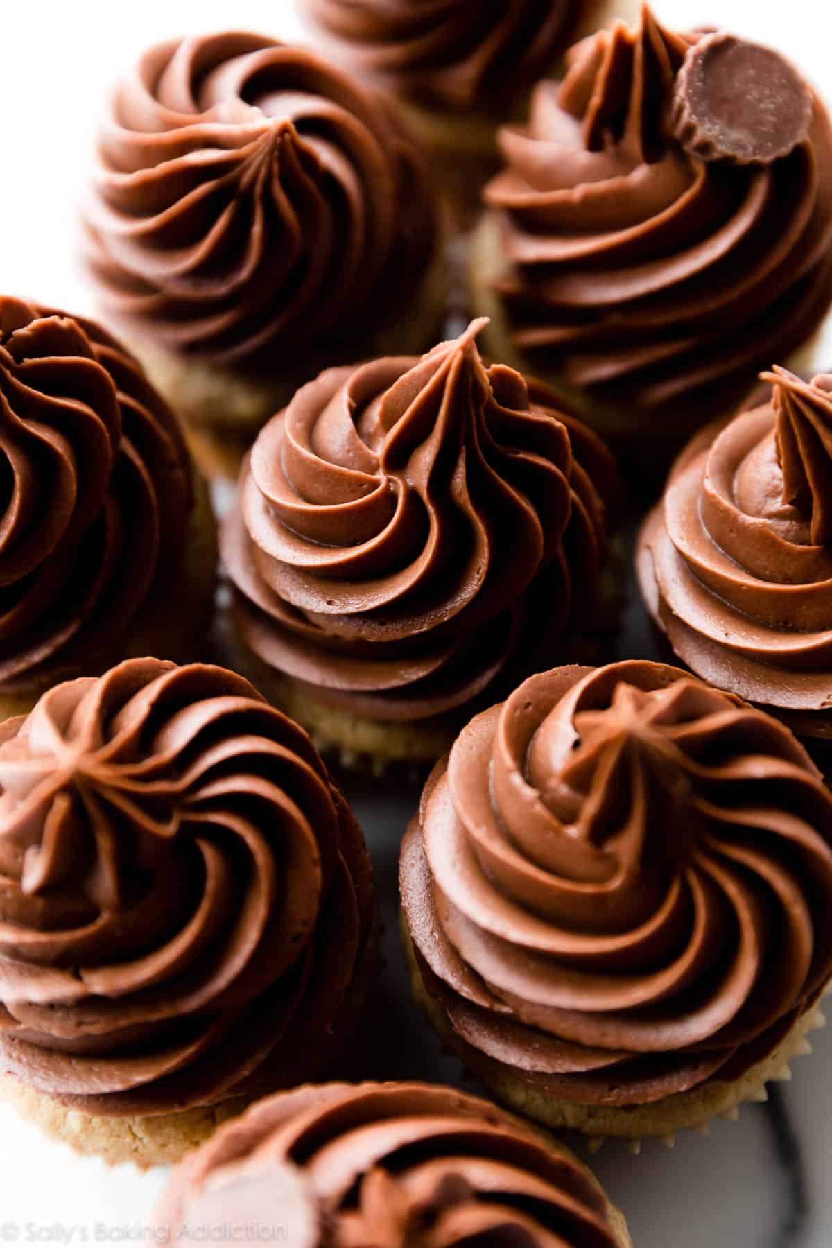 Overhead image of cupcakes topped with chocolate peanut butter frosting