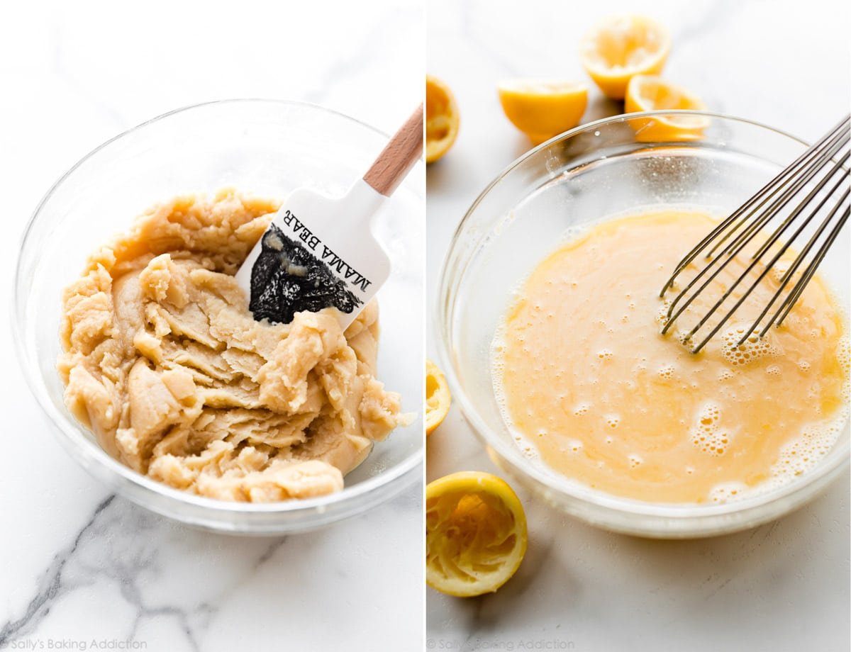 2 images of lemon bars crust and lemon batter in glass bowls