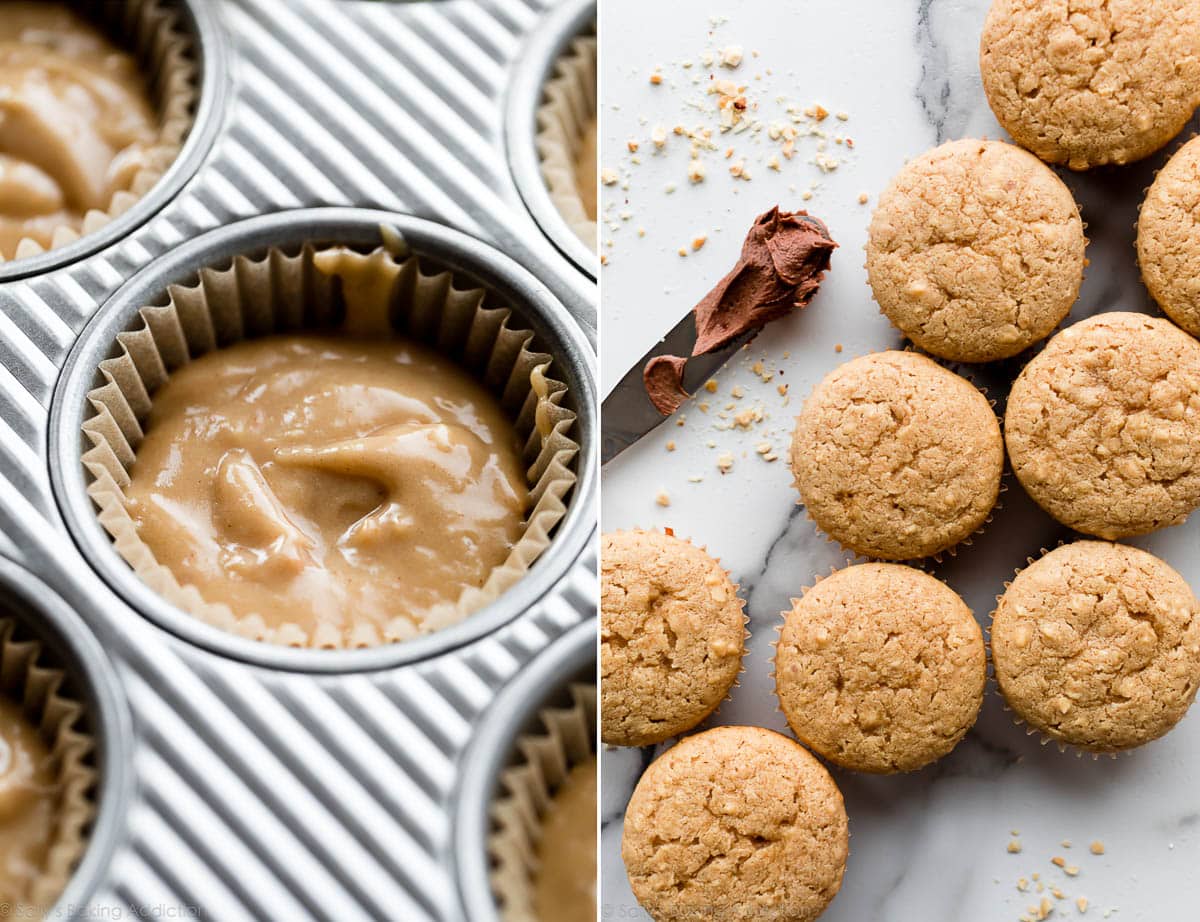 2 images of peanut butter cupcake batter in cupcake pan and baked peanut butter cupcakes