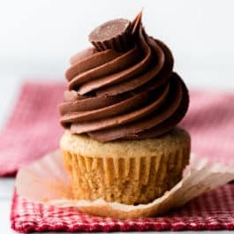 Peanut butter cupcake with swirl of chocolate peanut butter frosting and a peanut butter cup on top