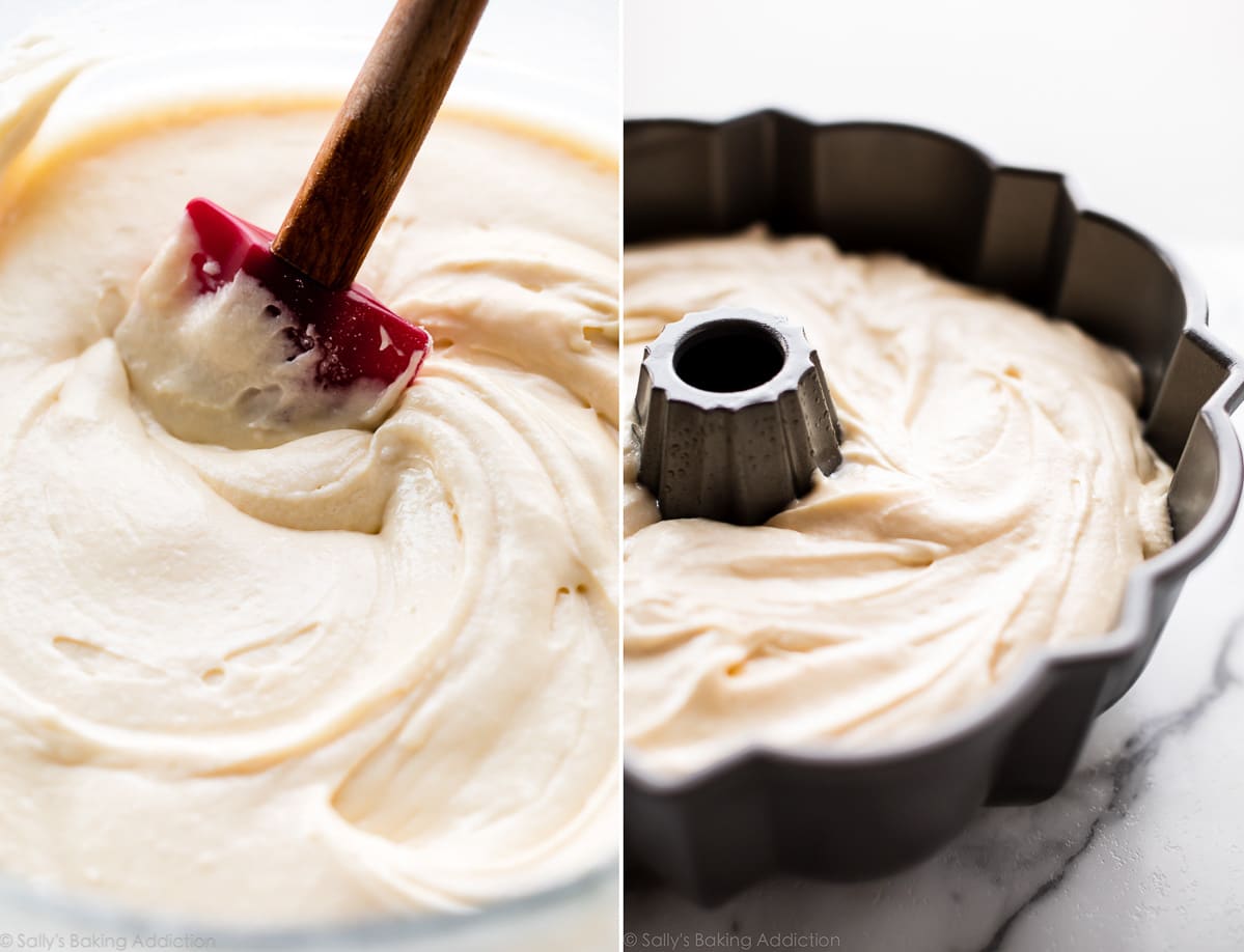 2 images of pound cake batter in a glass bowl and in a cake pan