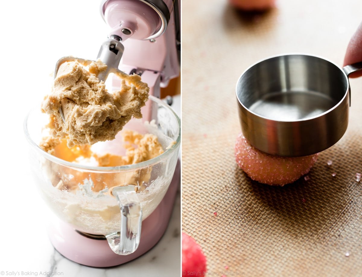 2 images of cream cheese sugar cookie dough in a mixer bowl and flattening a dough ball with a measuring cup