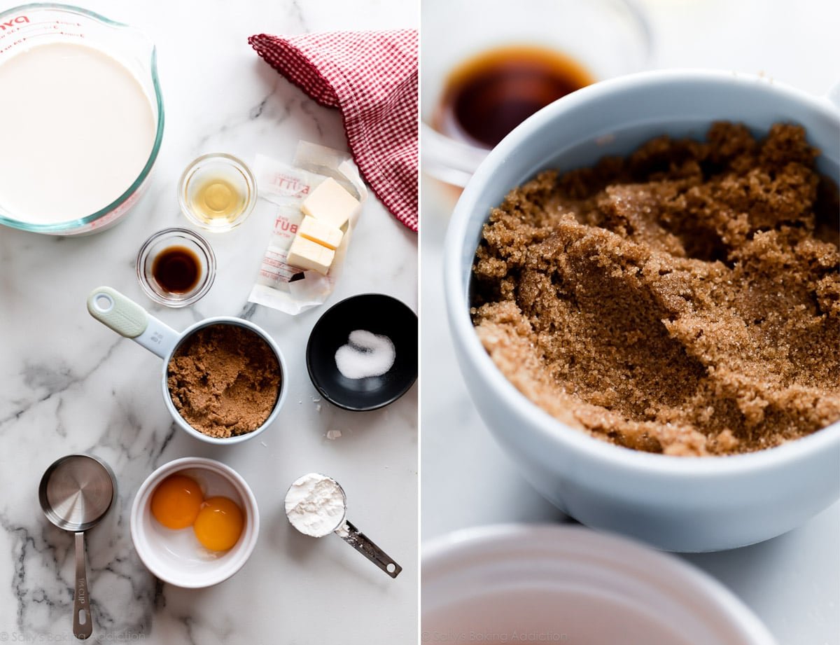 2 images of ingredients for butterscotch pudding