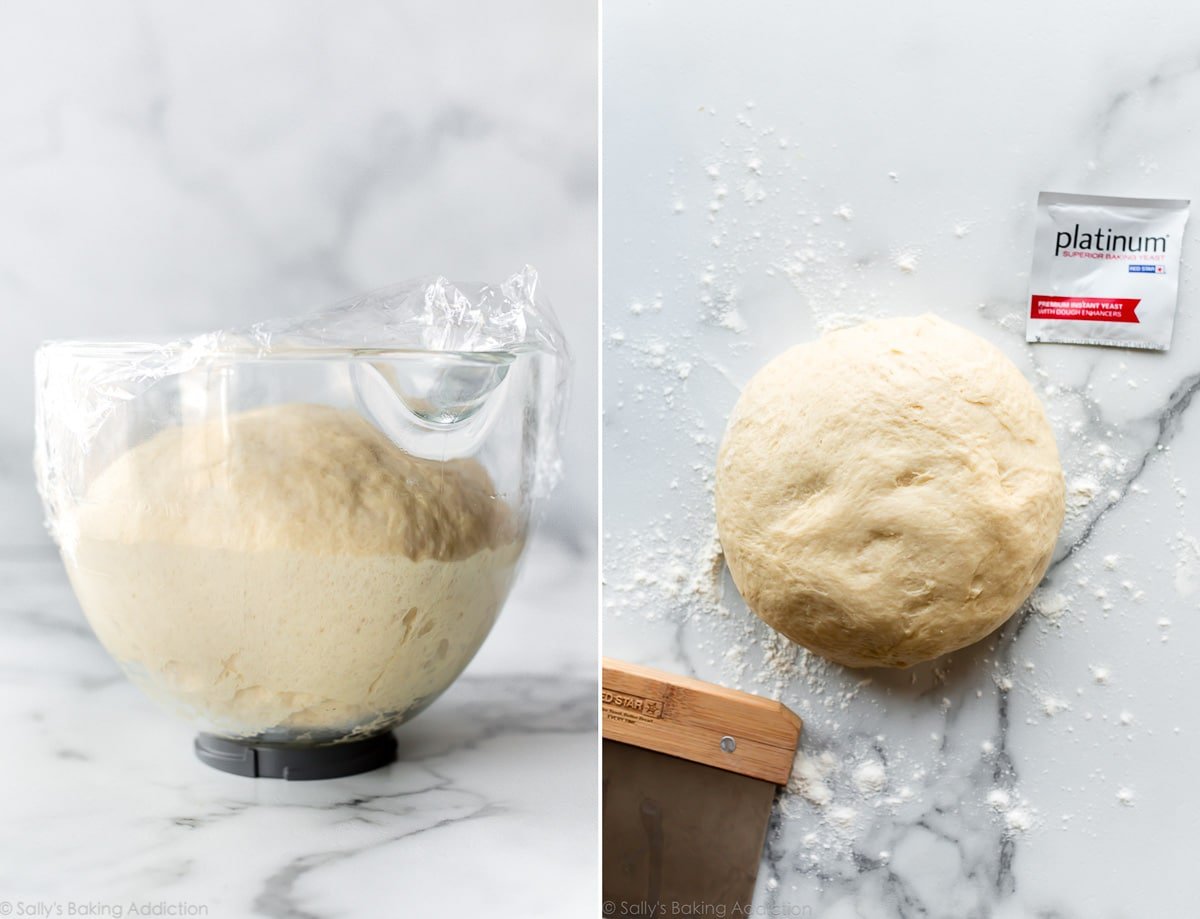 2 images of dinner rolls yeast dough in a glass bowl and formed into a ball