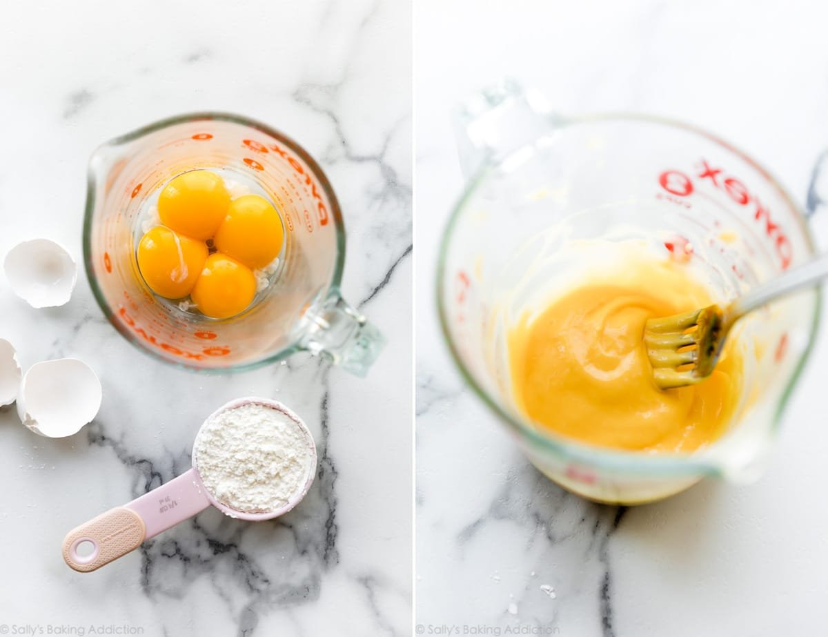 2 images of egg yolks for coconut cream pie in glass measuring cup