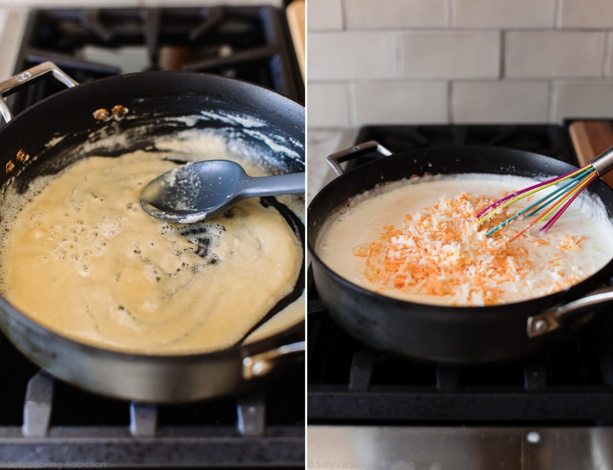 2 images of cheese sauce for macaroni and cheese in skillet on stove