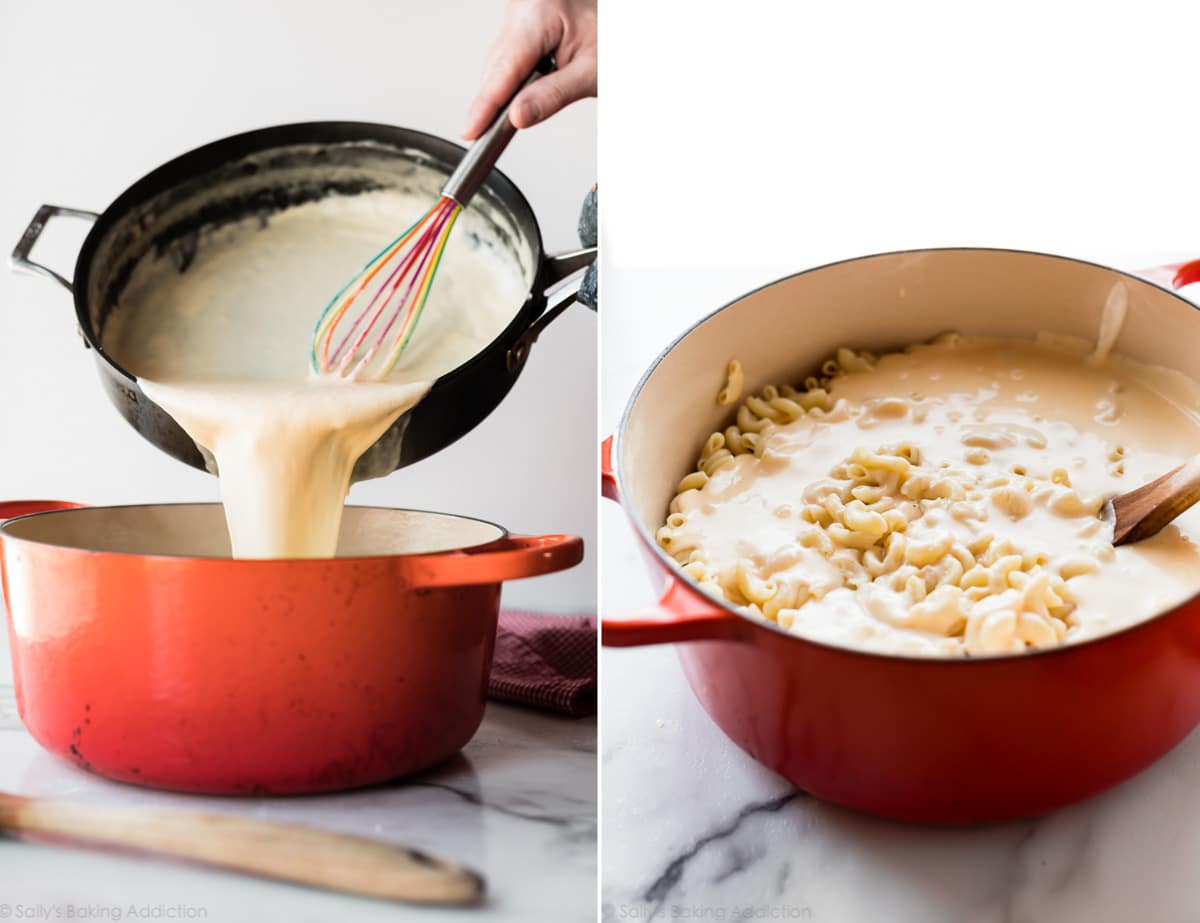2 images of pouring macaroni and cheese sauce over elbow macaroni noodles and pot full of noodles and sauce