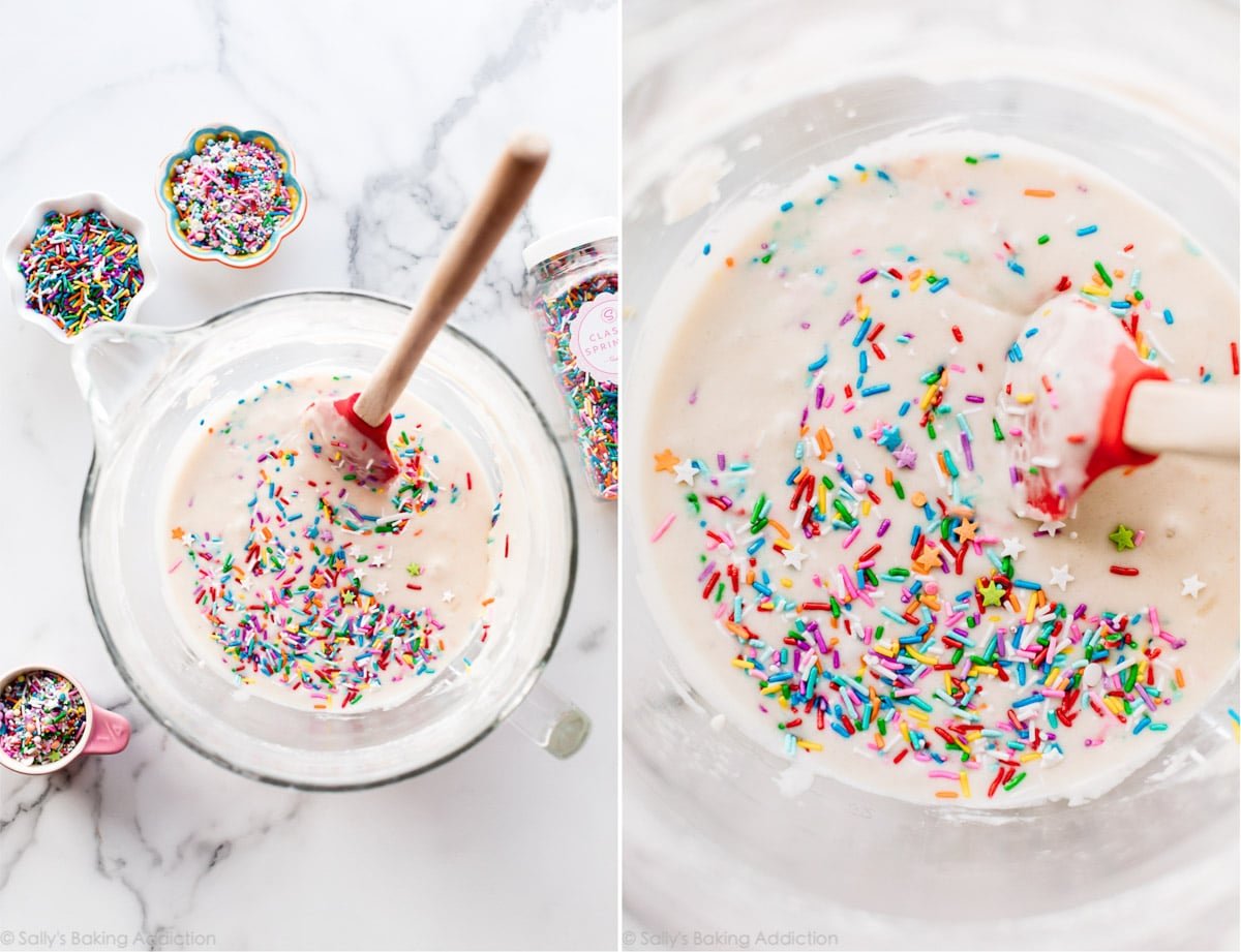 2 images of sprinkle cupcake batter in glass bowls