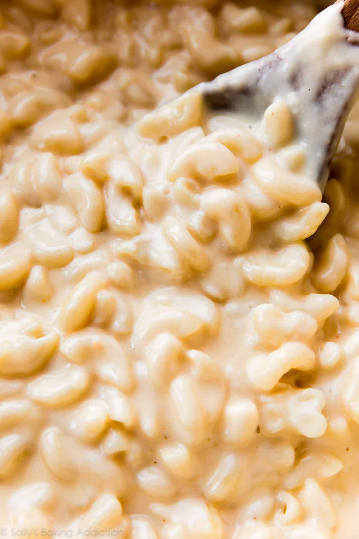close up image of creamy homemade mac and cheese