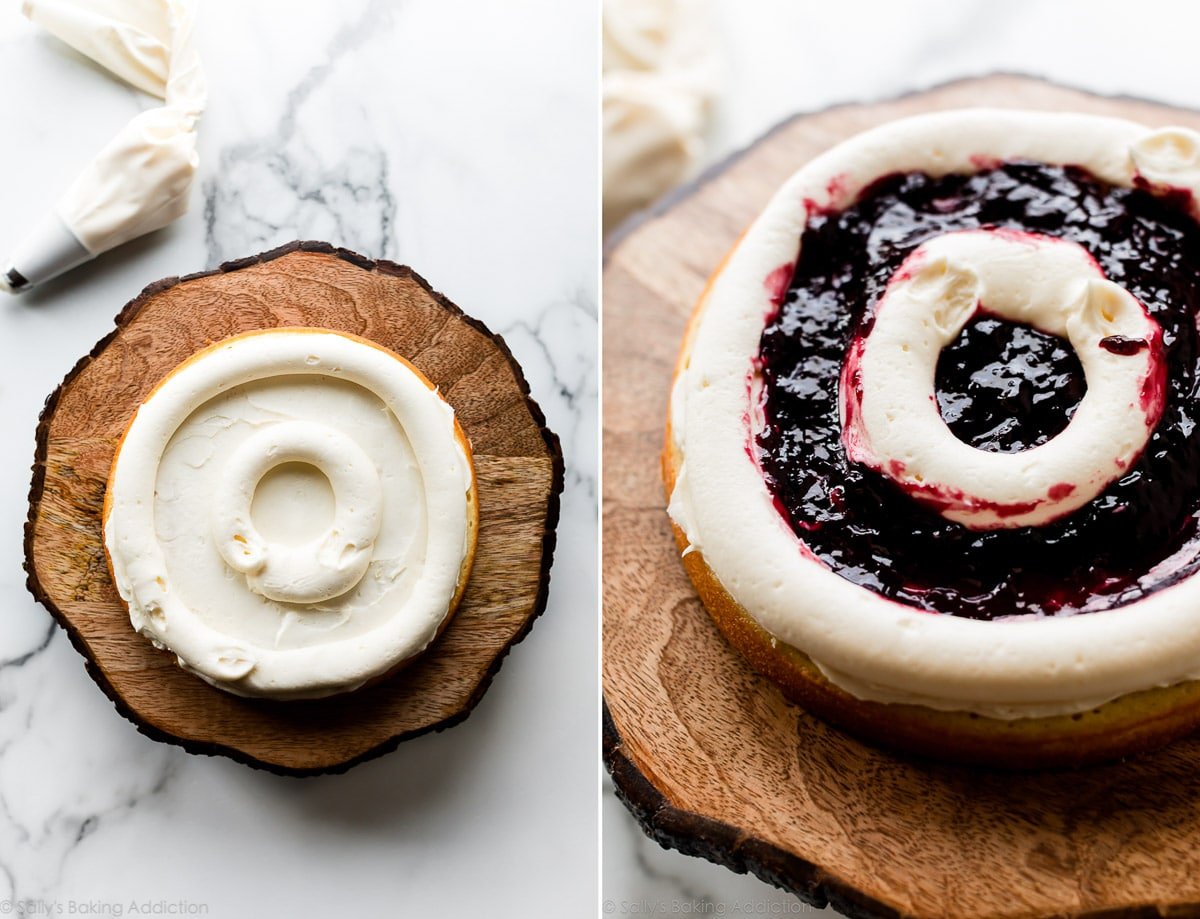 2 images of piping and filling cake layers with frosting and blackberry jam