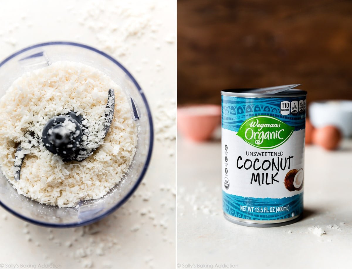 2 images of coconut in food processor and coconut milk for coconut cake