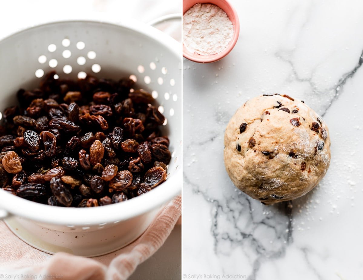 2 images of plumped raisins for hot cross buns and hot cross bun dough with raisins