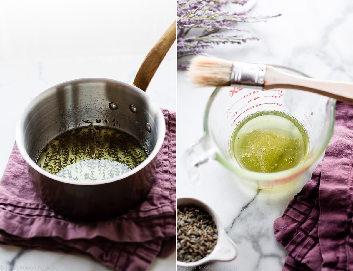 2 images of lavender simple syrup in a saucepan and a glass measuring cup