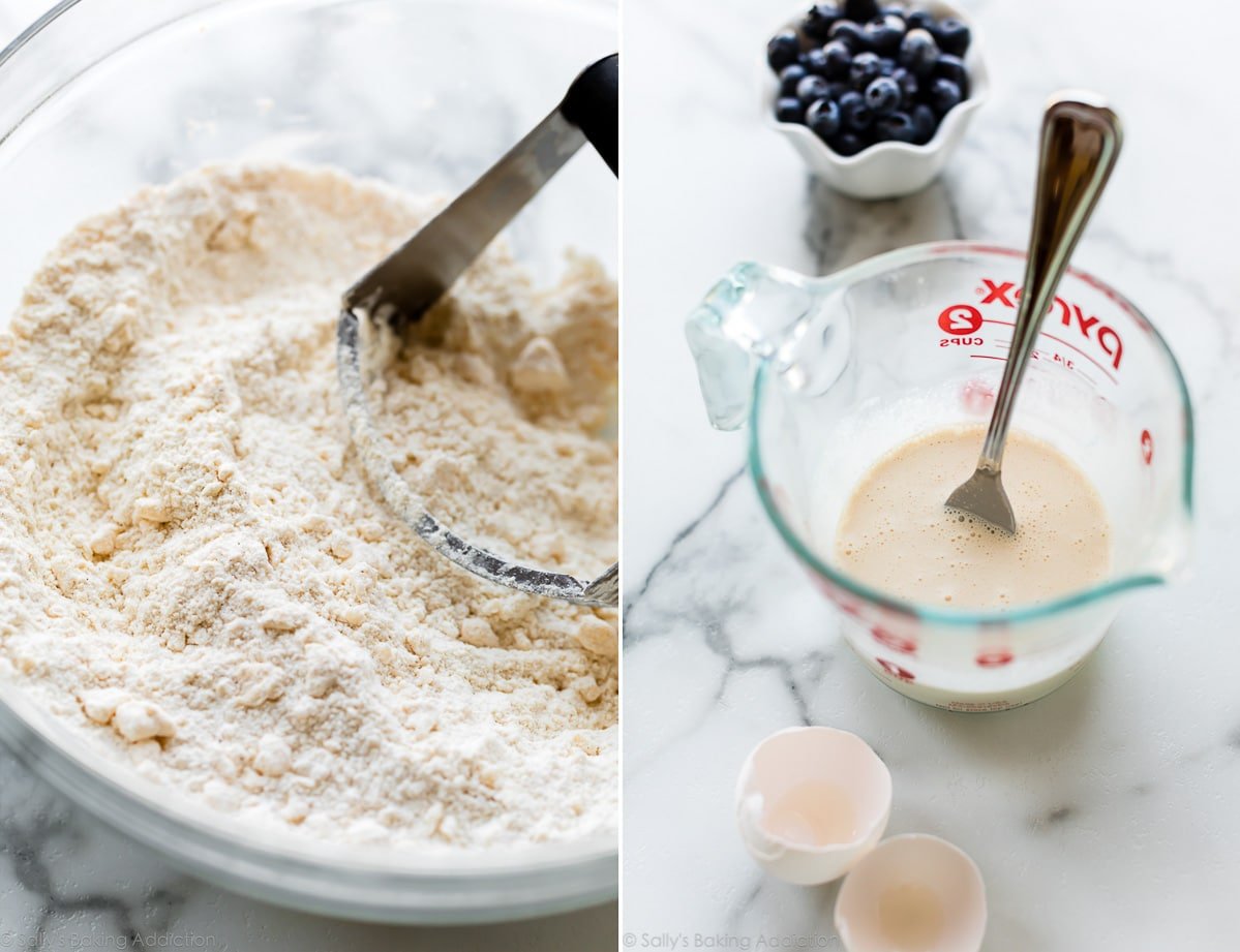 2 images of dry ingredients for scones in a bowl and wet ingredients in a glass measuring cup