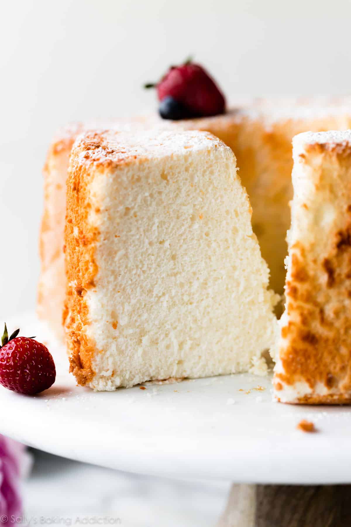 Angel food cake on marble cake stand