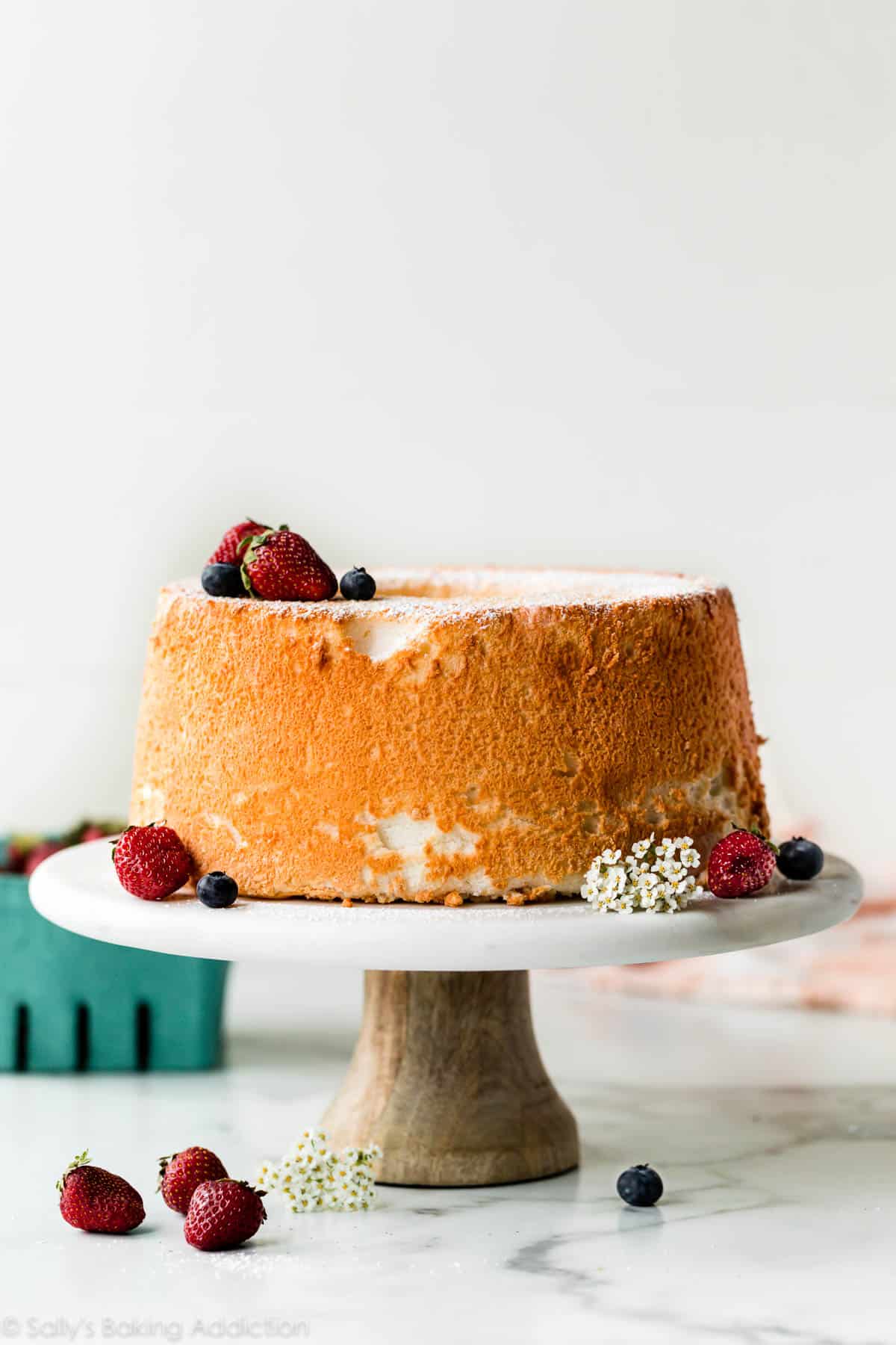 Angel food cake on marble cake stand