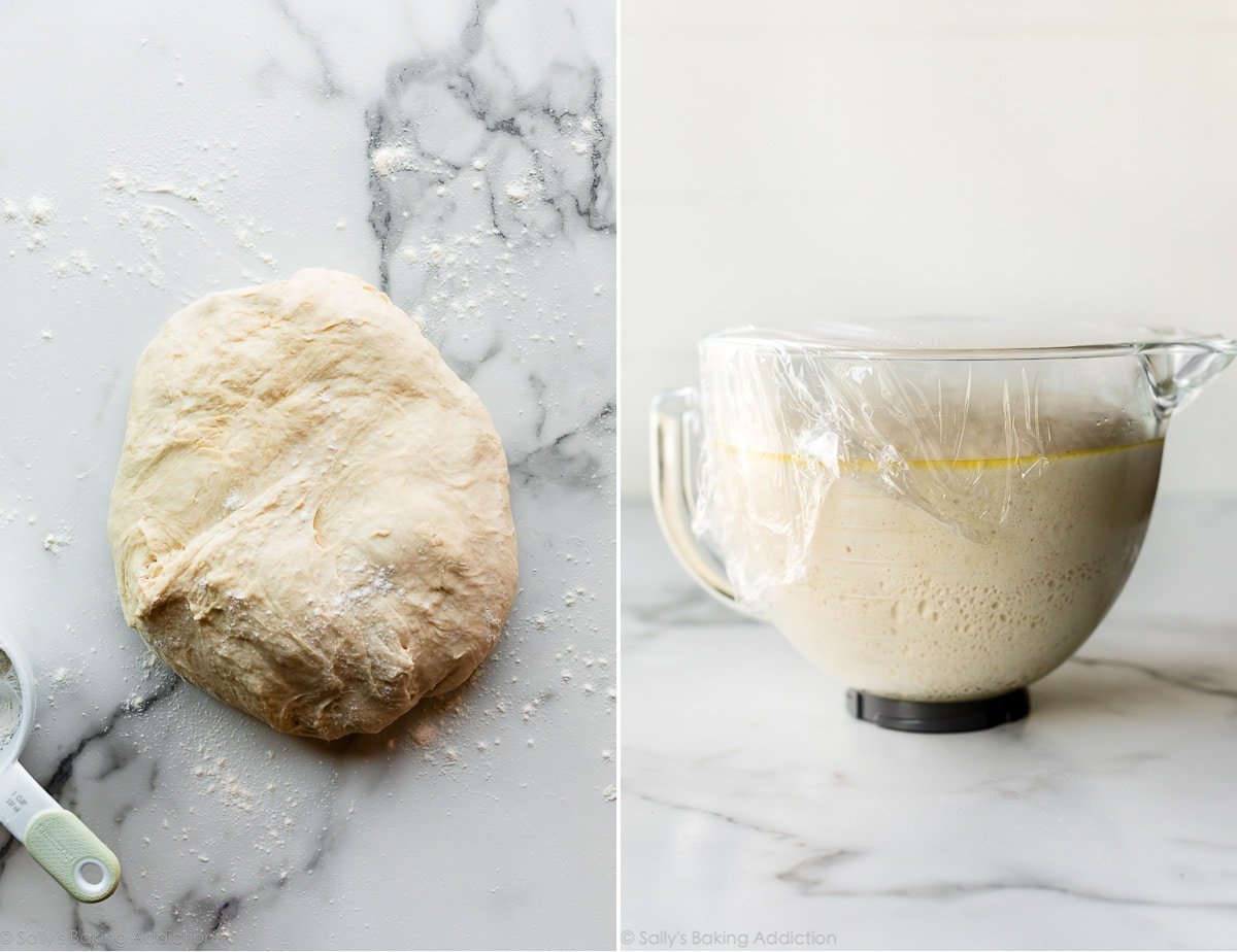 2 images of dough on counter and after rising in mixing bowl