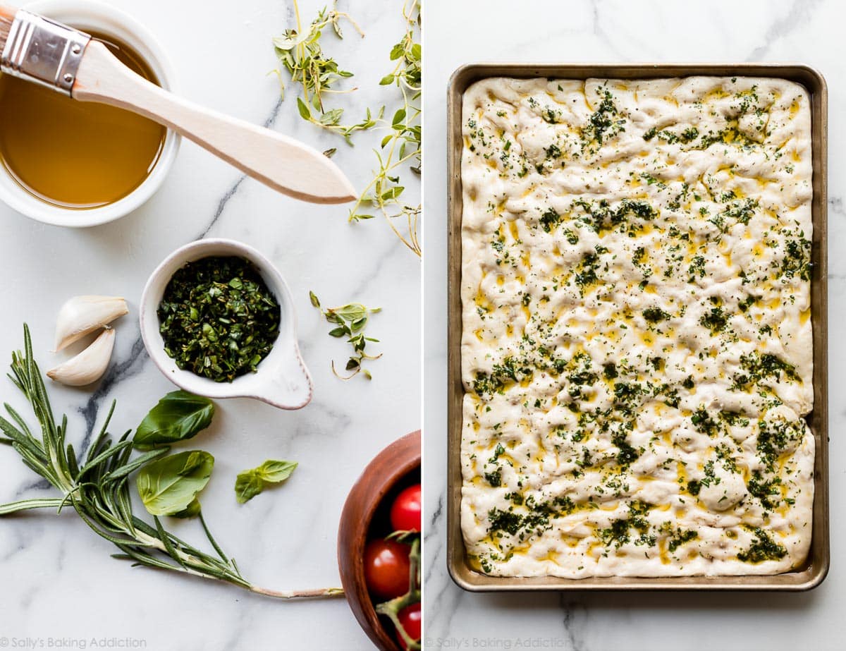 2 images of toppings for bread including olive oil, rosemary, thyme, and fresh garlic and bread on baking sheet