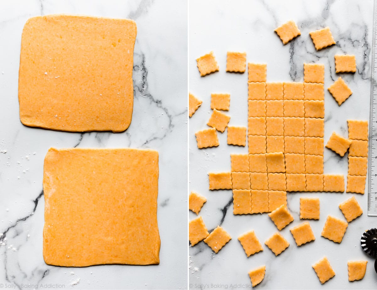 2 images of cheese cracker dough in large squares and cut into crackers
