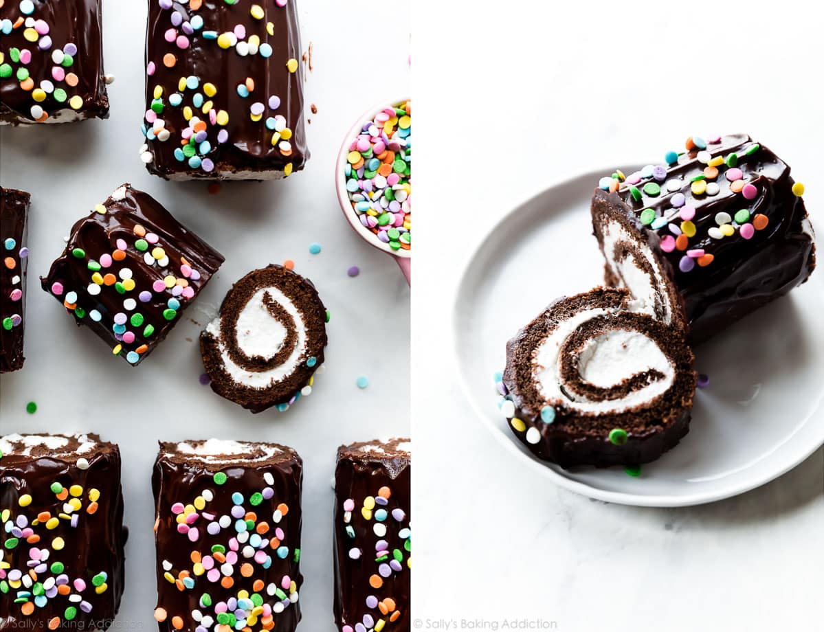 2 images of mini chocolate Swiss roll cakes and a mini chocolate Swiss roll cake on a white plate