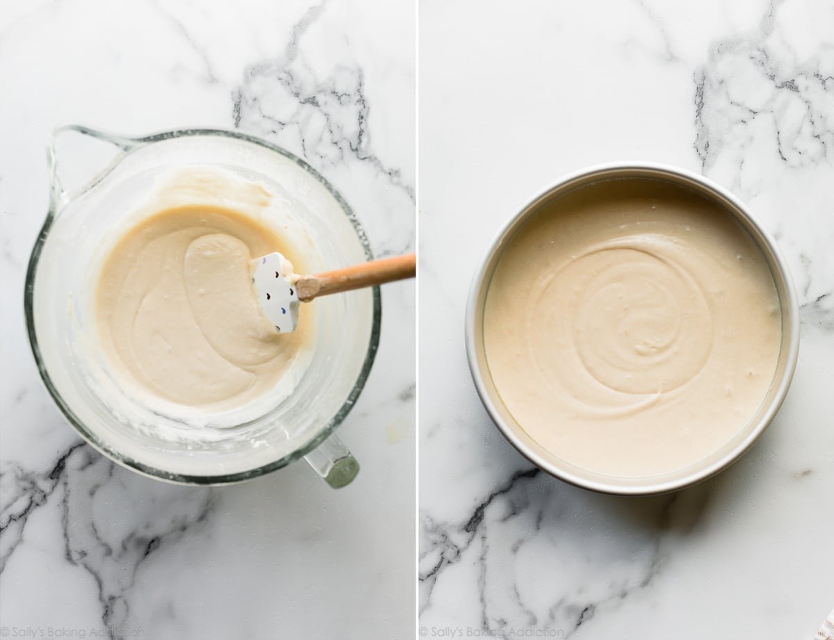 2 images of one layer vanilla cake batter in a glass bowl and in a cake pan