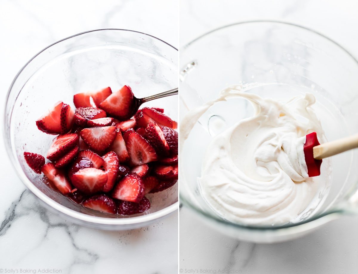 2 images of strawberry shortcake toppings including strawberries in a glass bowl and whipped cream in a glass bowl