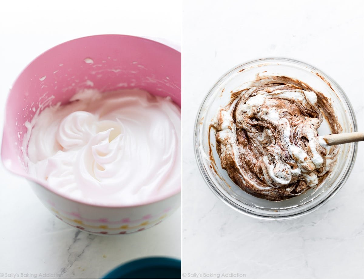 2 images of chocolate Swiss roll cake batter in bowls