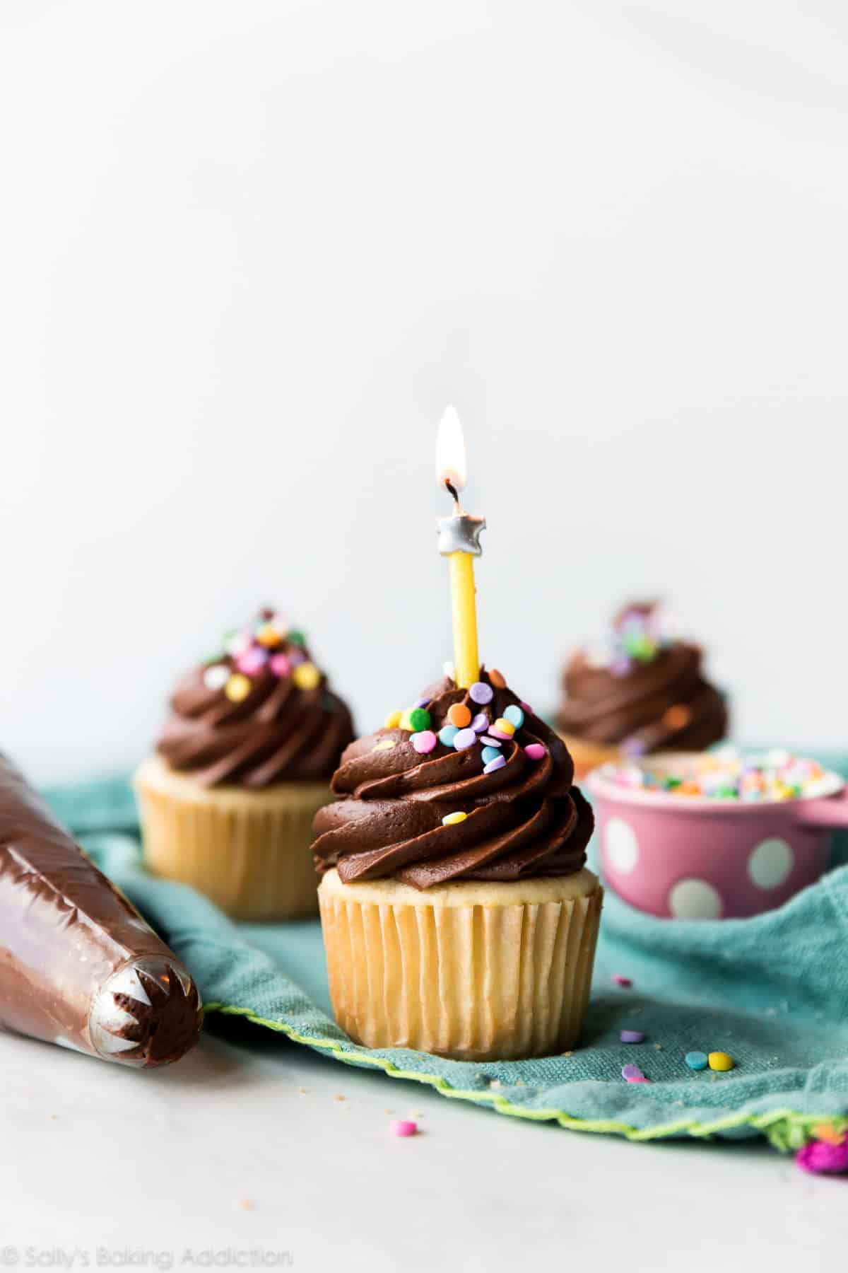 Yellow cupcakes with chocolate frosting and birthday candle