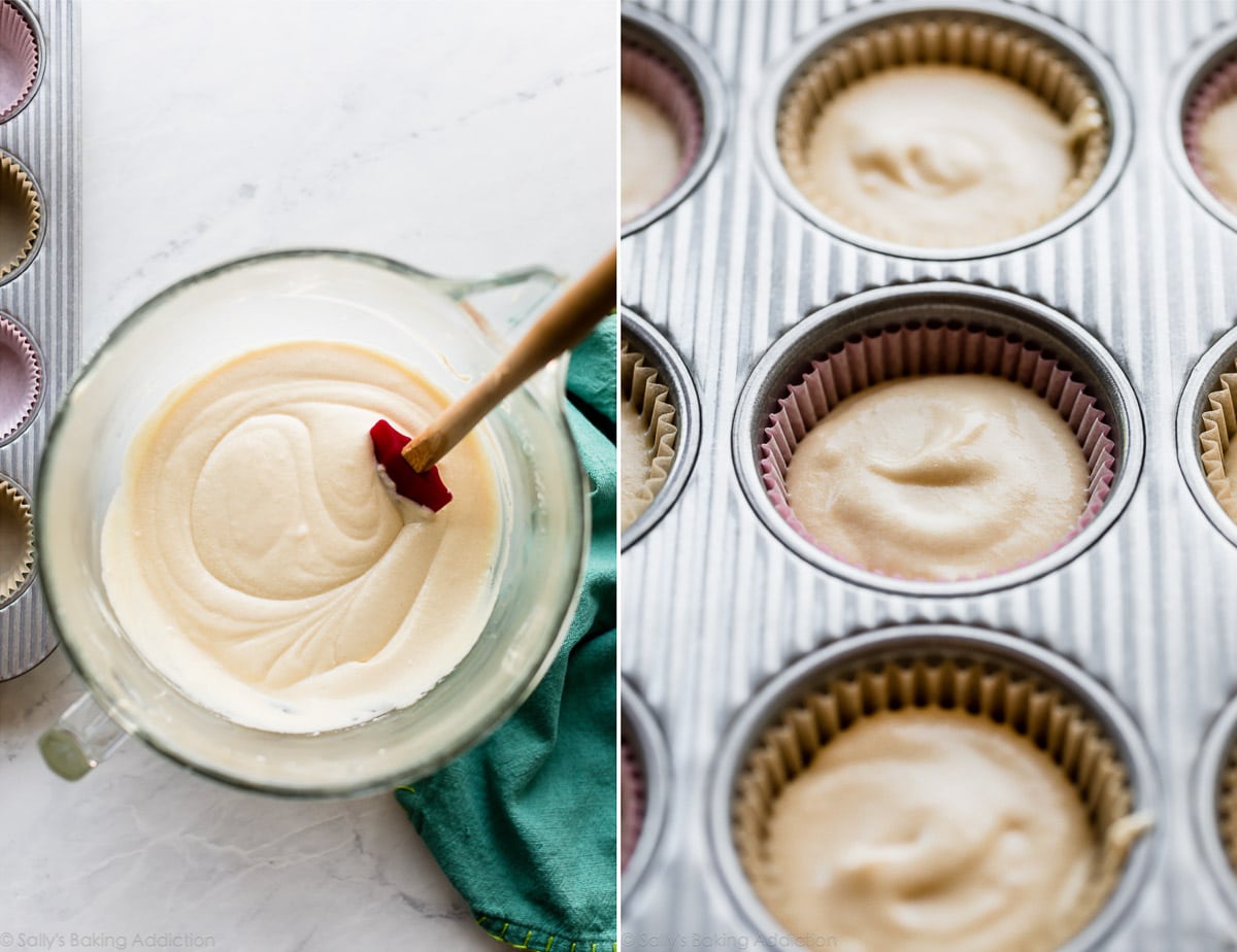 2 images of yellow cupcake batter in a glass bowl and a cupcake pan