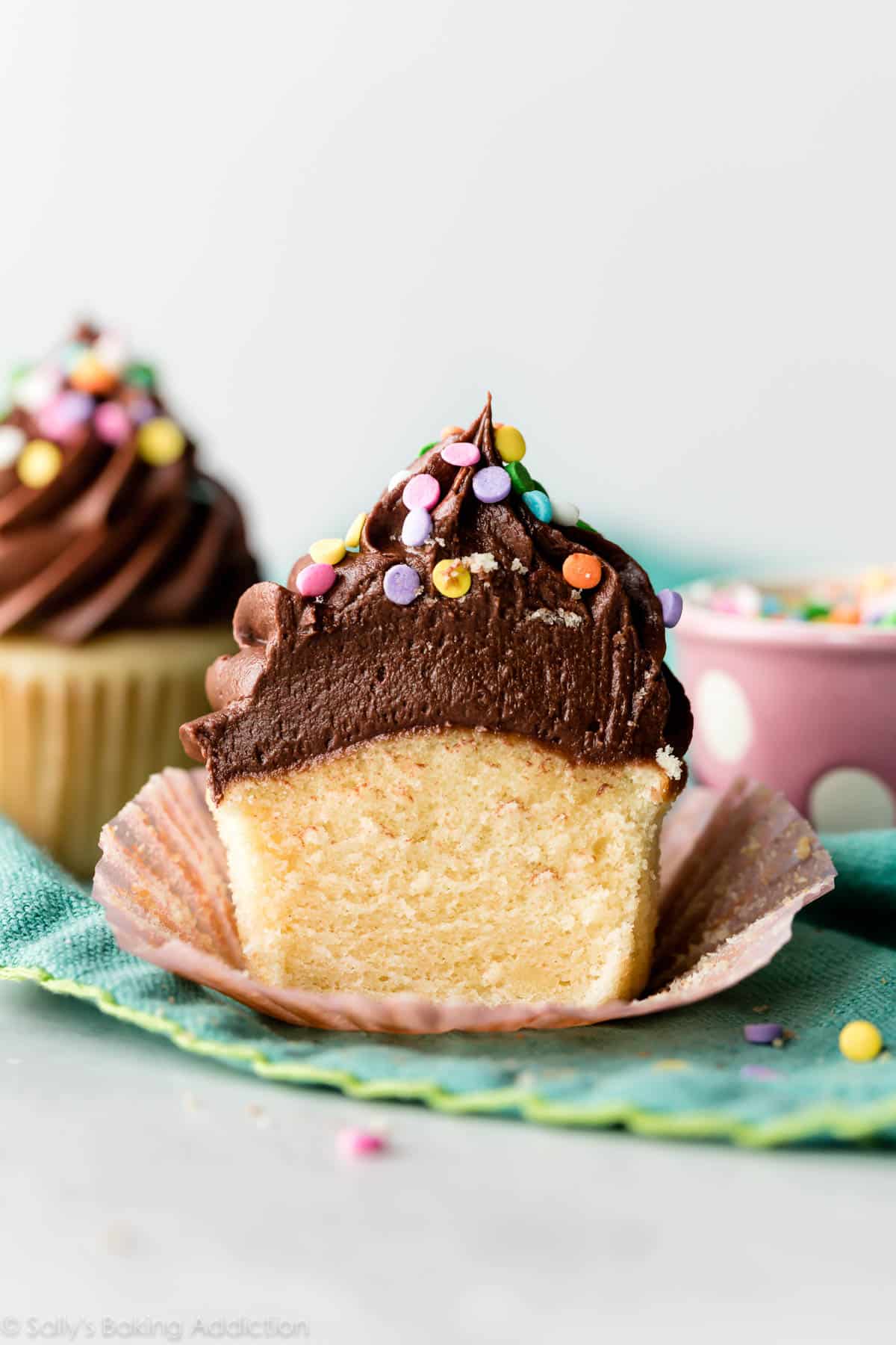 Yellow birthday cupcake with chocolate frosting and sprinkles