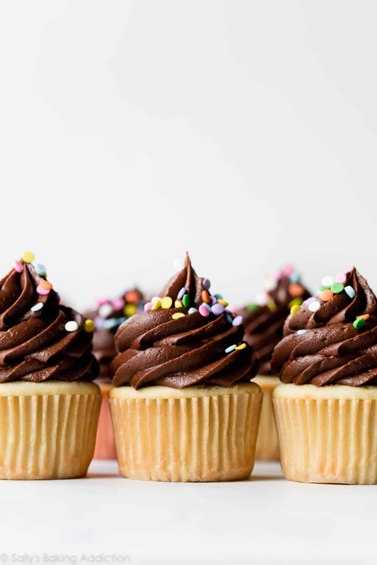 Yellow birthday cupcakes with chocolate frosting and sprinkles