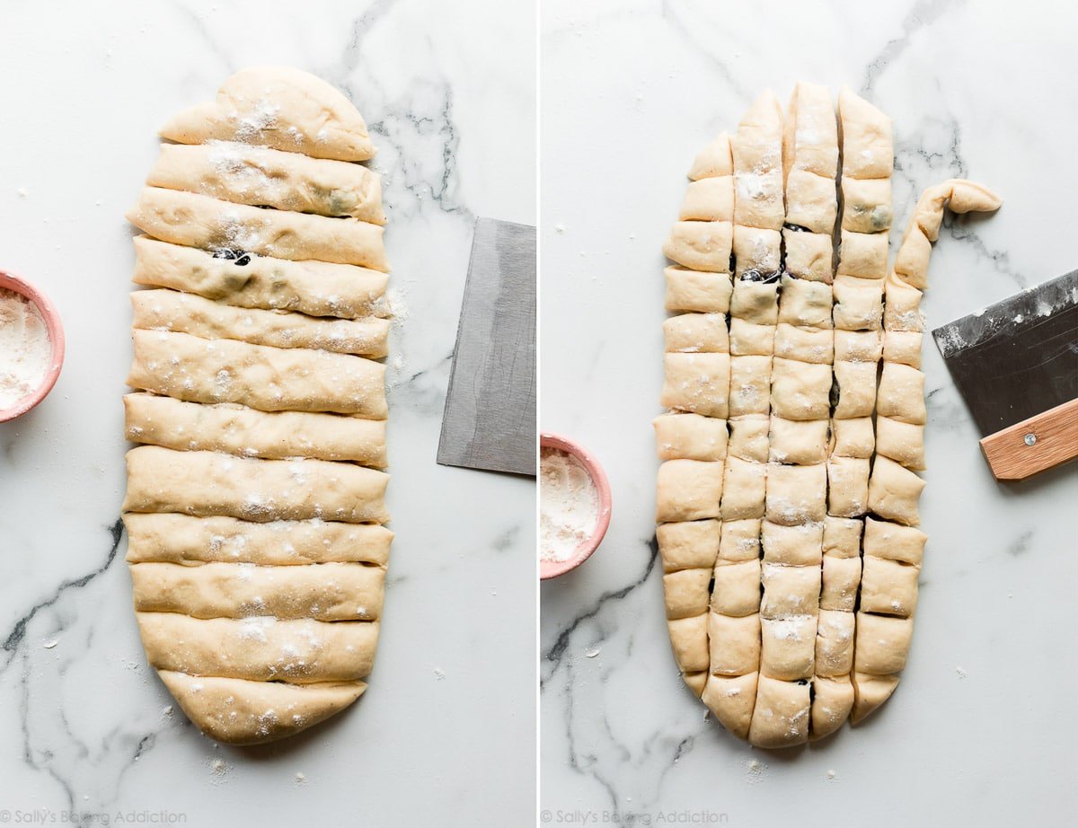 2 images of yeasted fritter dough cut into strips and squares