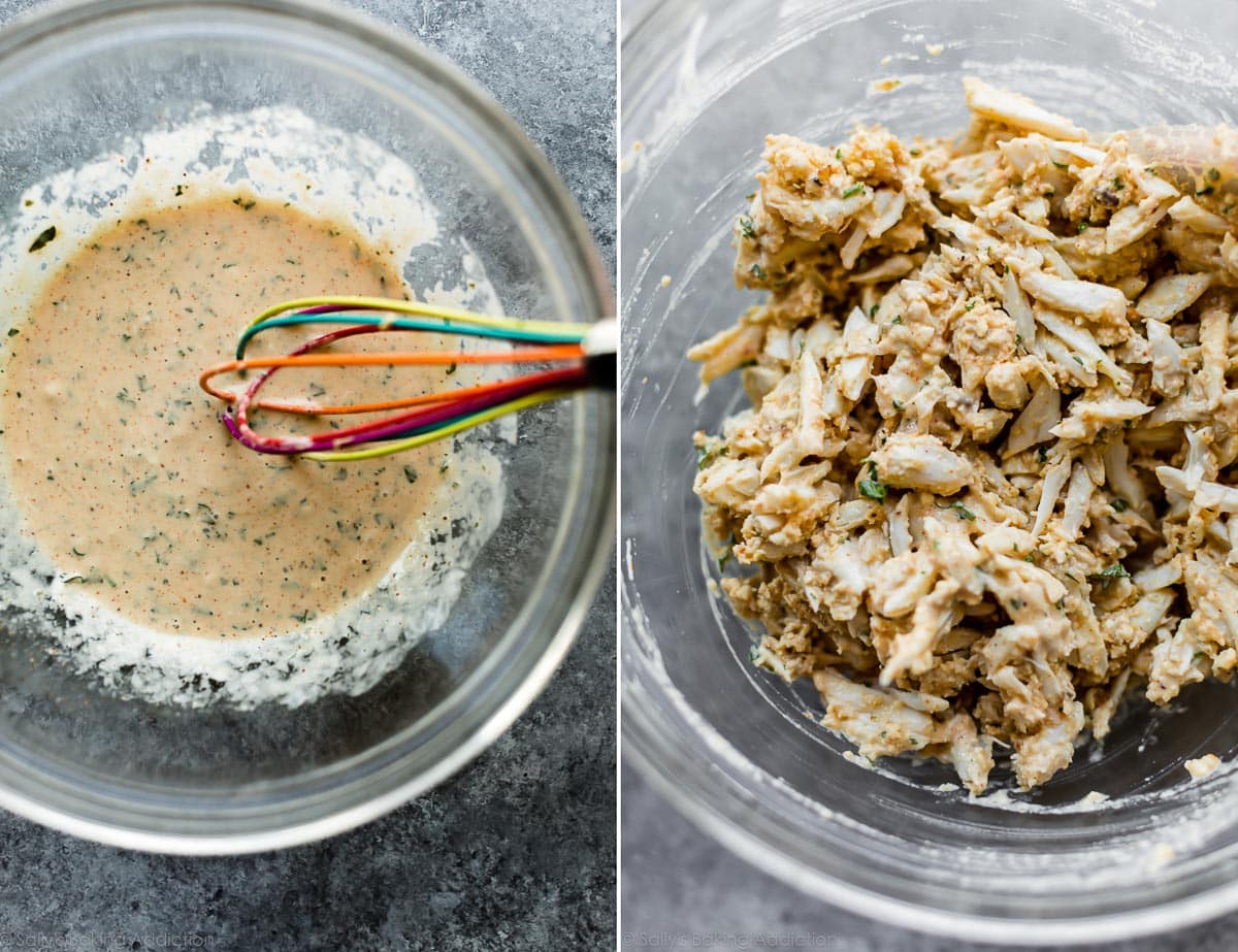 2 images of Crab cake mixture before and after adding crab