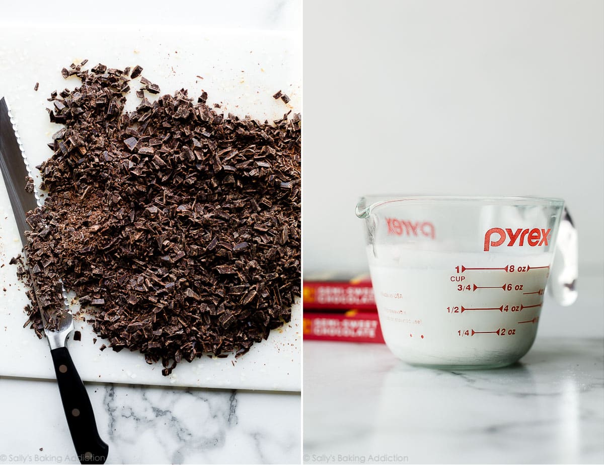 2 images of chopped chocolate and cream in a glass measuring cup