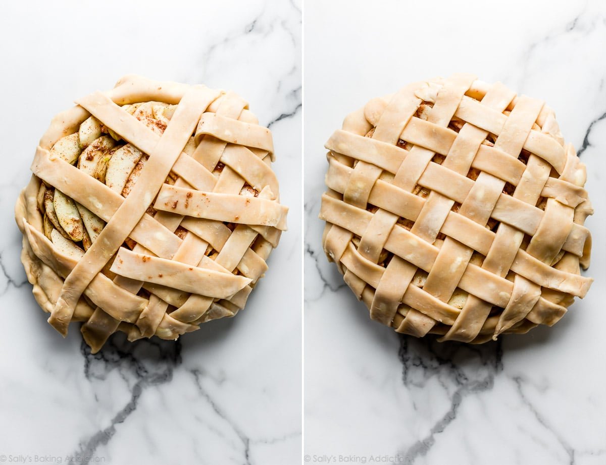 2 images of latticing pie dough process