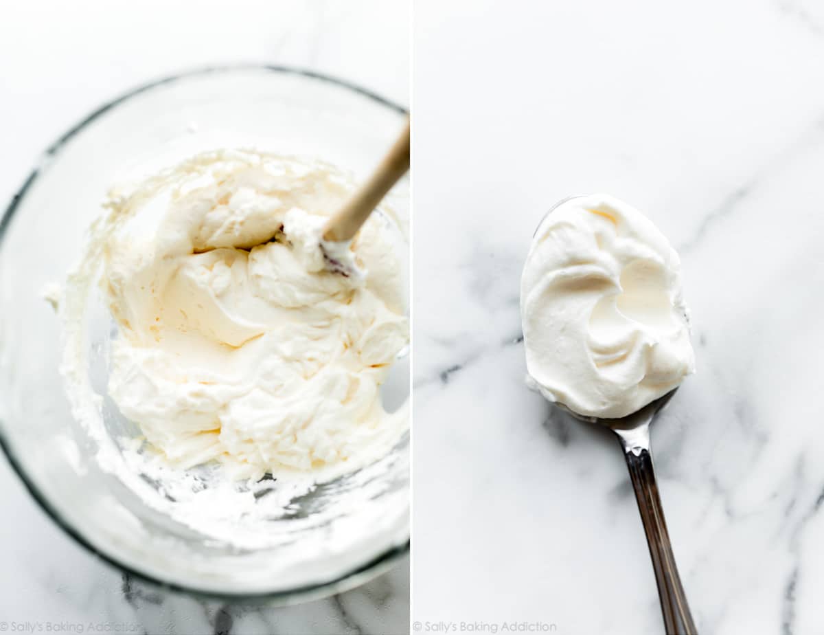 2 images of no bake cheesecake filling in a glass bowl and on a spoon