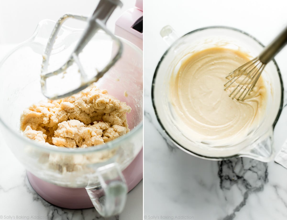 2 images of cake batter in a stand mixer bowl