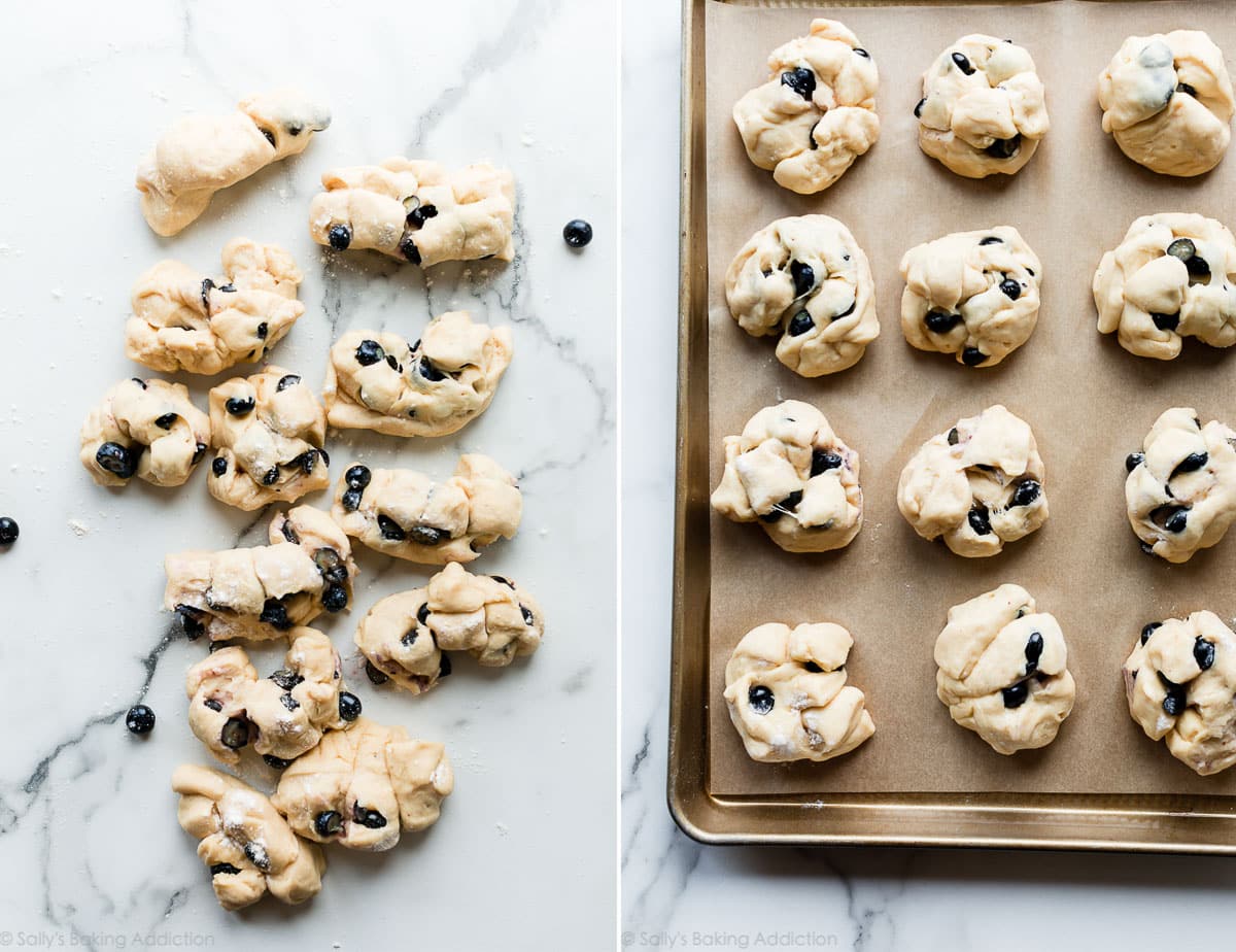 2 images of shaped blueberry fritters before frying on counter and on baking sheet