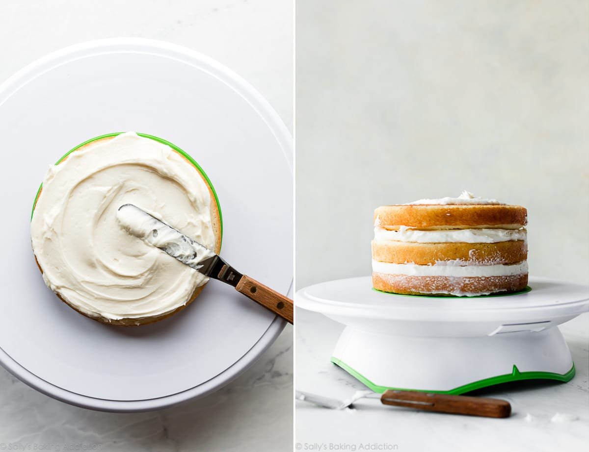 2 images of spreading frosting on a 6 inch cake and cake on cake turner