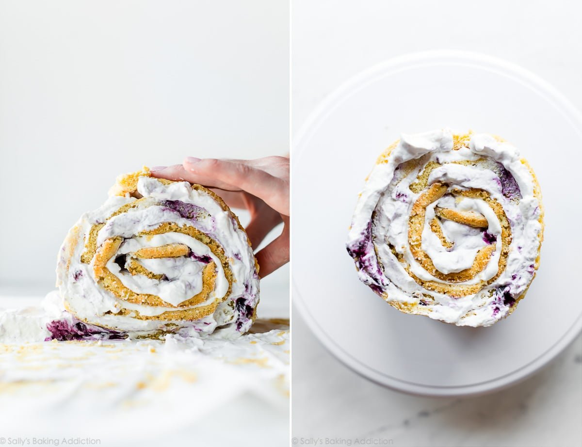 2 images of rolling and assembling vertical cake