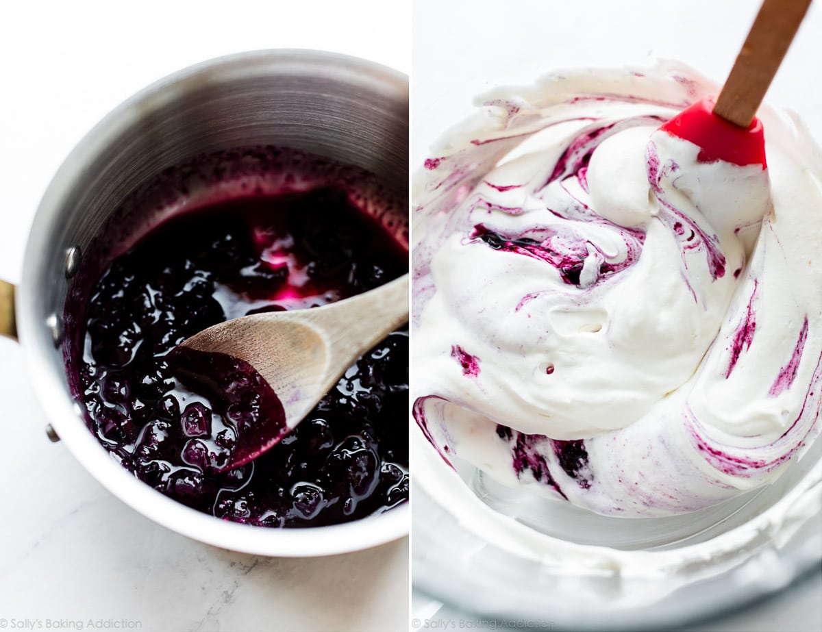 2 images of homemade blueberry sauce and blueberry swirl whipped cream