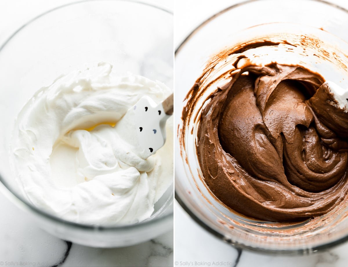 2 images of whipped cream and chocolate mousse mixture