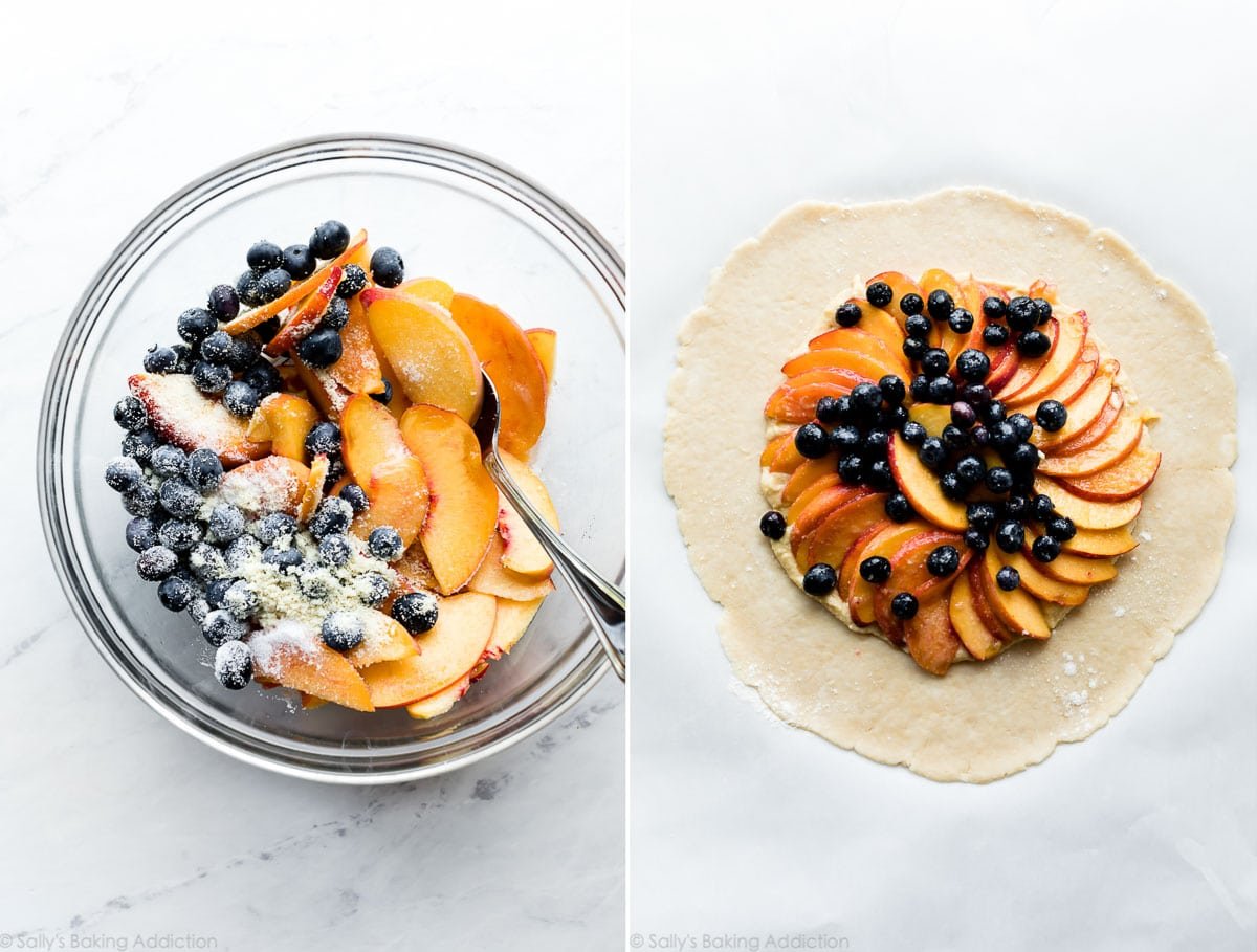 2 images of blueberry peach filling for galette in a glass bowl and assembling fruit filling on galette dough